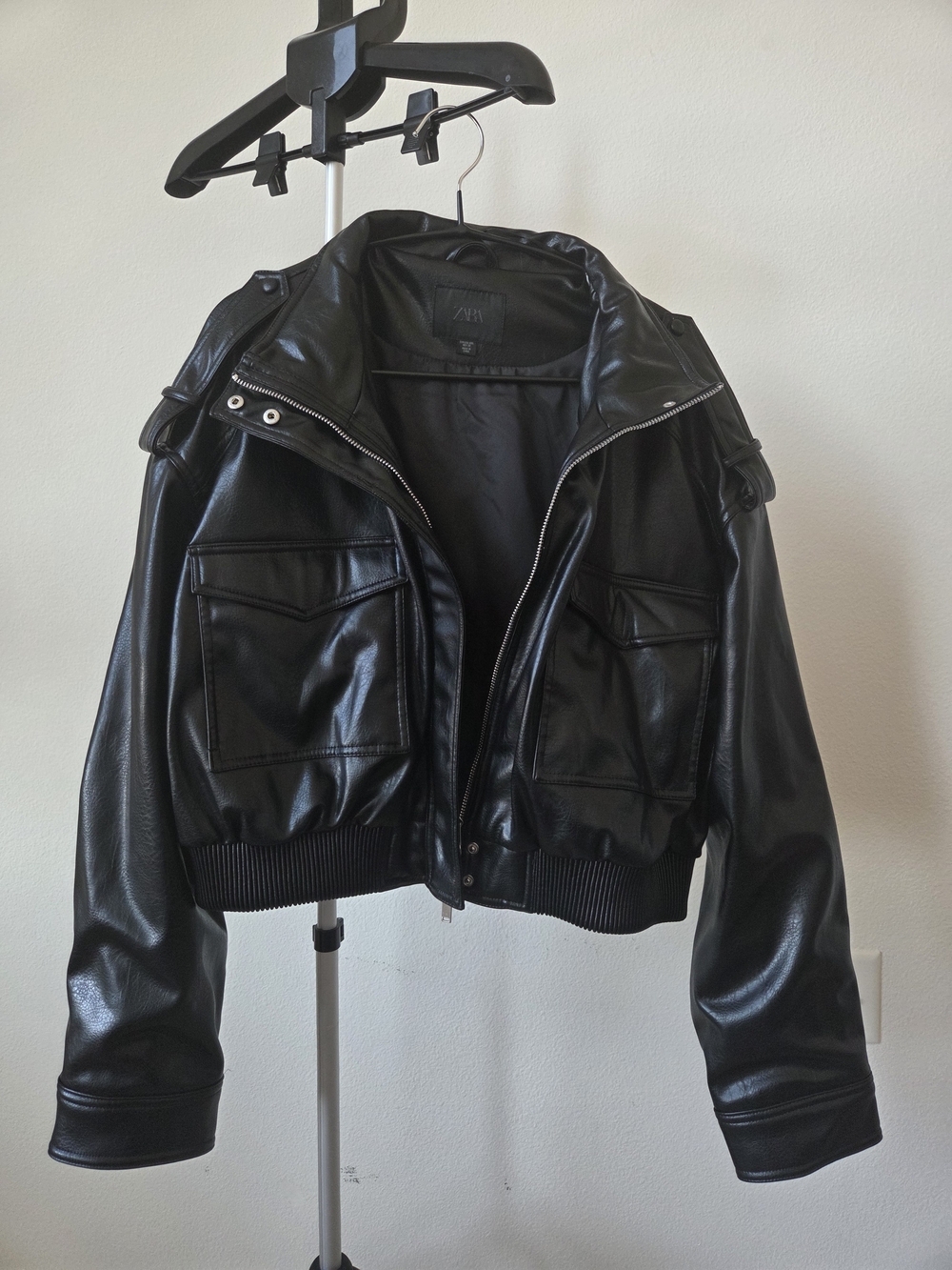 Zara Faux Leather Bomber Jacket Black Oversized Crop Utility Cargo Size XXL